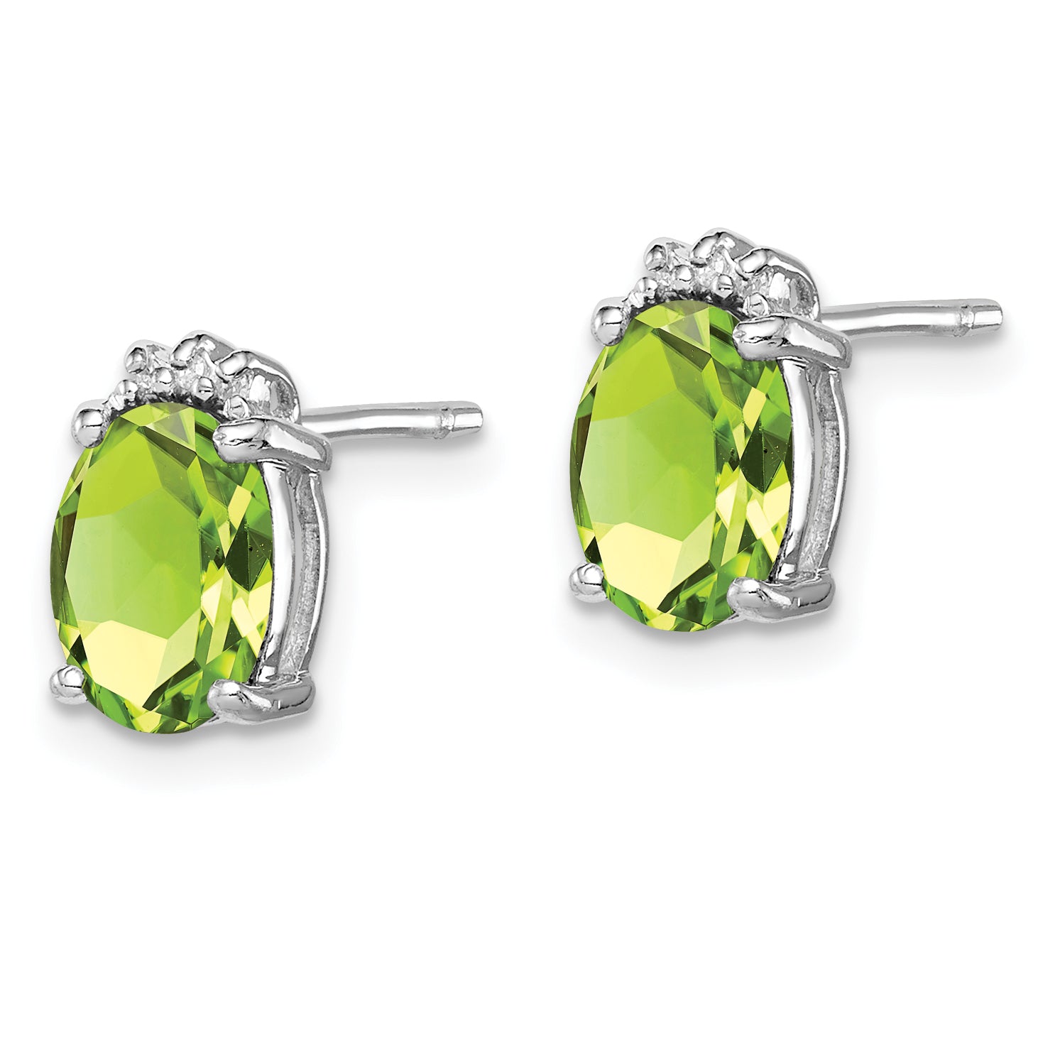 Sterling Silver Oval Peridot and Diamond Stud Earrings  Polished Rhodium Plated, August Birthstone