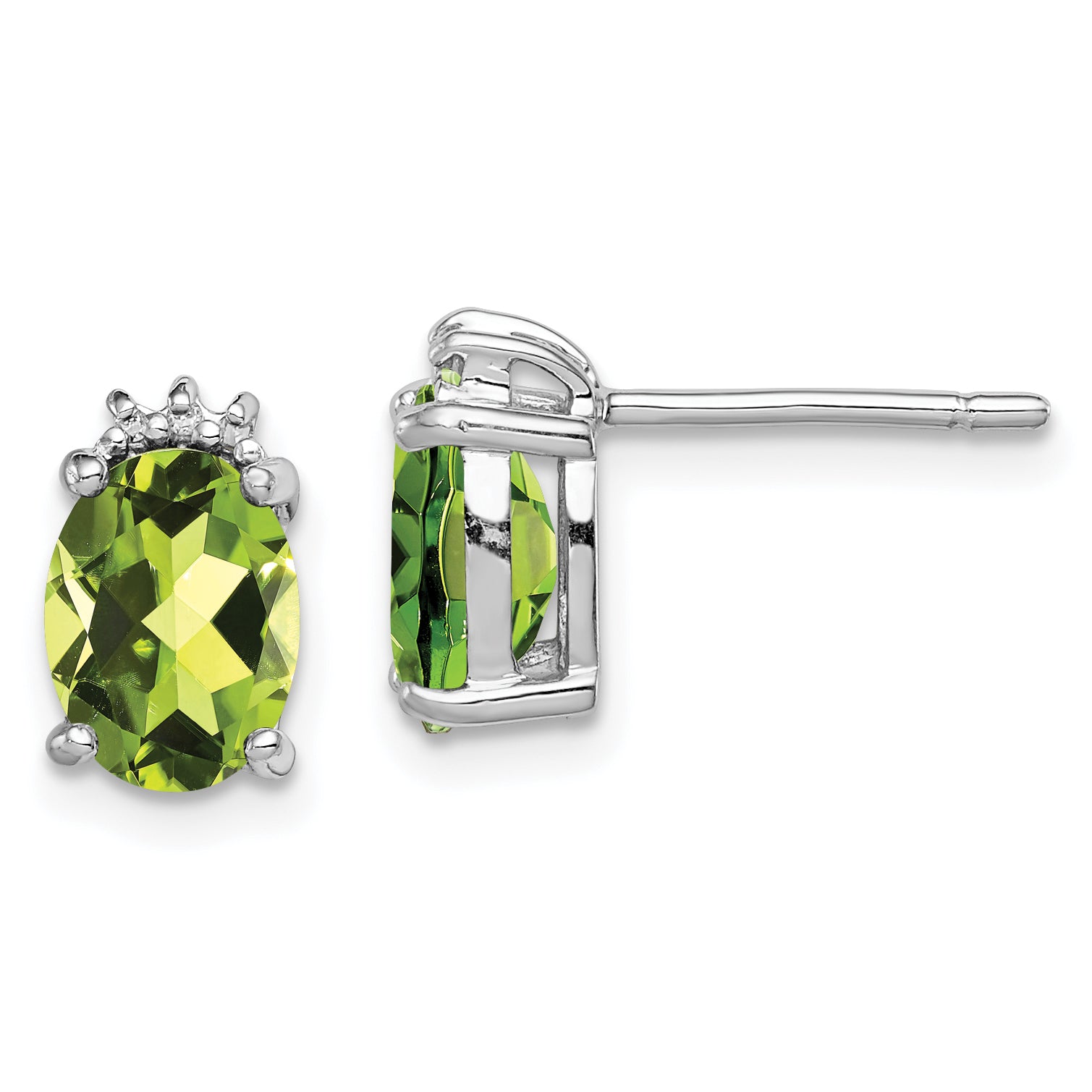 Sterling Silver Rhodium Plated Oval Peridot and Diamond Post Earrings Main image