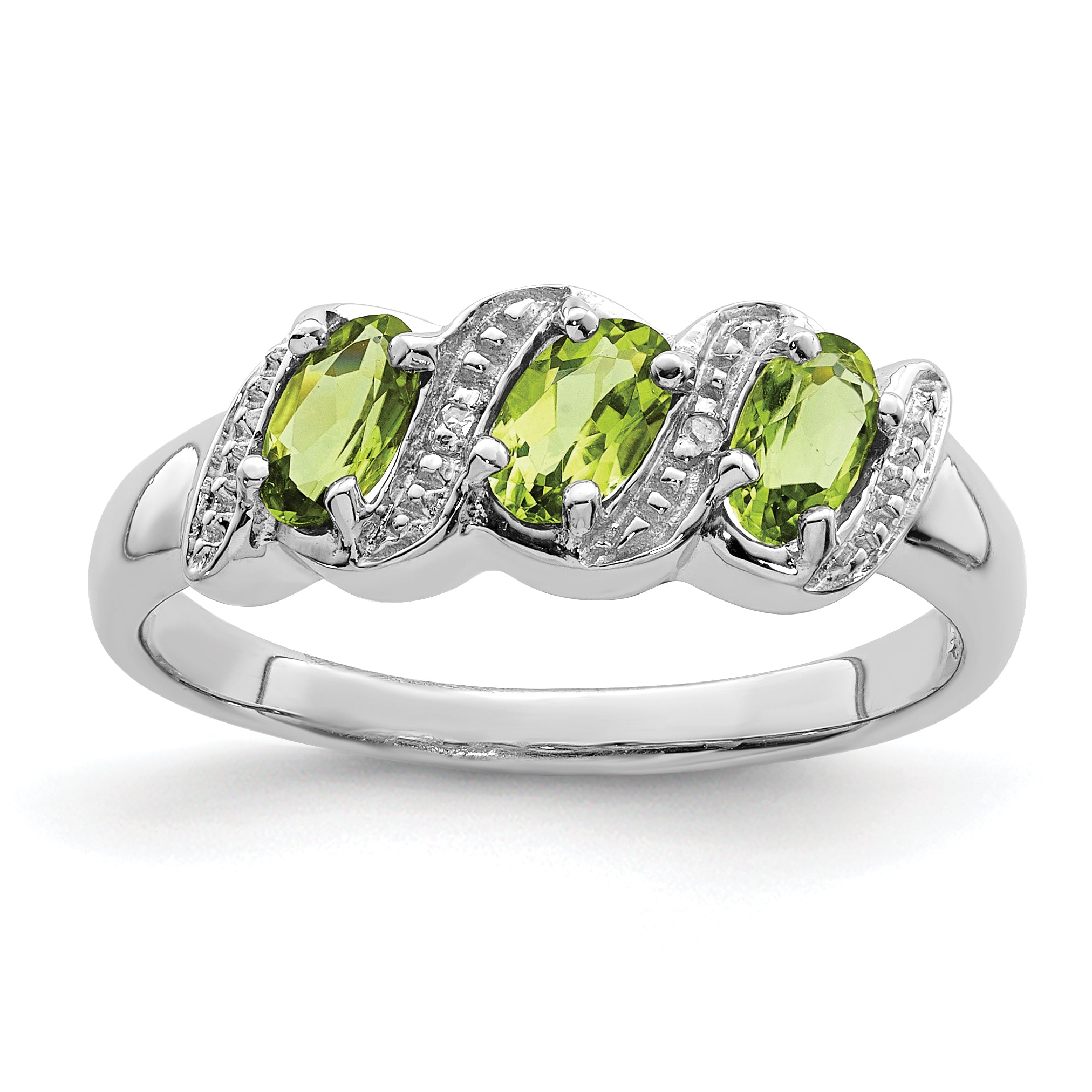 Sterling Silver Rhodium 3 Stone Peridot & Diamond Ring Main image