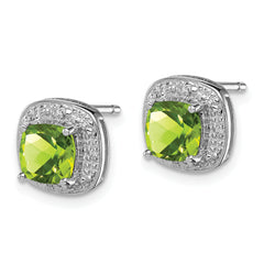 Sterling Silver Rhodium Plated Peridot and Diamond Post Earrings