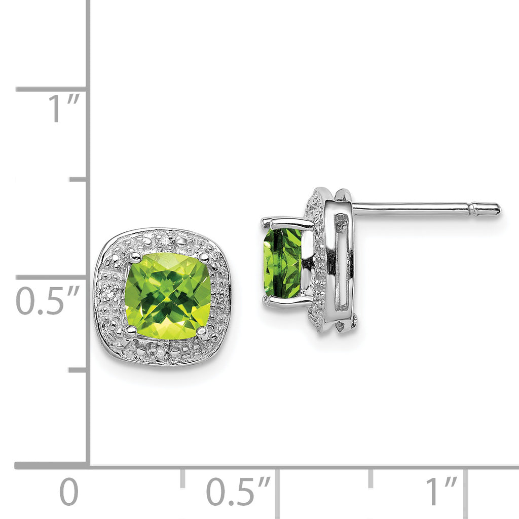 Sterling Silver 925 Peridot and Diamond Button Earrings, Rhodium Plated