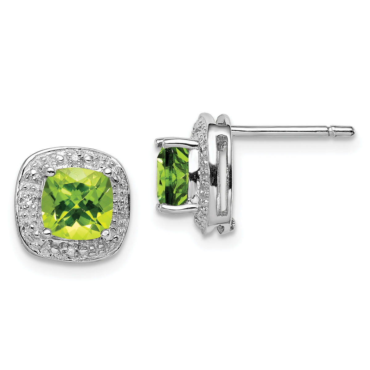 Sterling Silver Rhodium Plated Peridot and Diamond Post Earrings