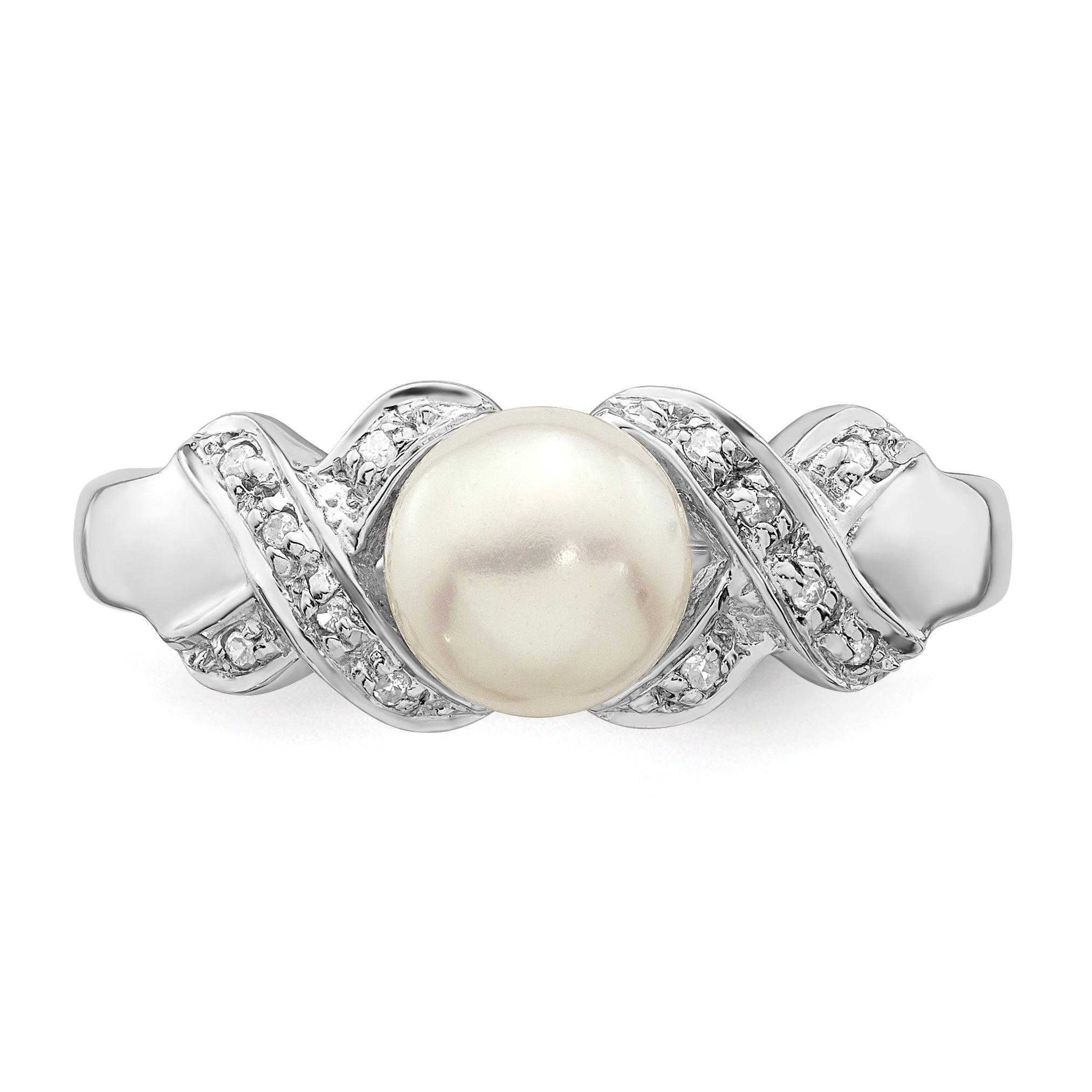 Sterling Silver Rhodium 6mm Fresh Water Cultured Button Pearl Ring