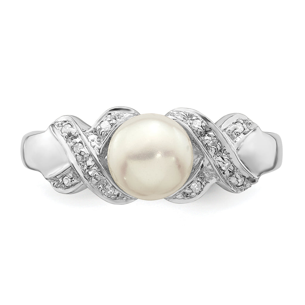 Sterling Silver Rhodium 6mm Fresh Water Cultured Button Pearl Ring