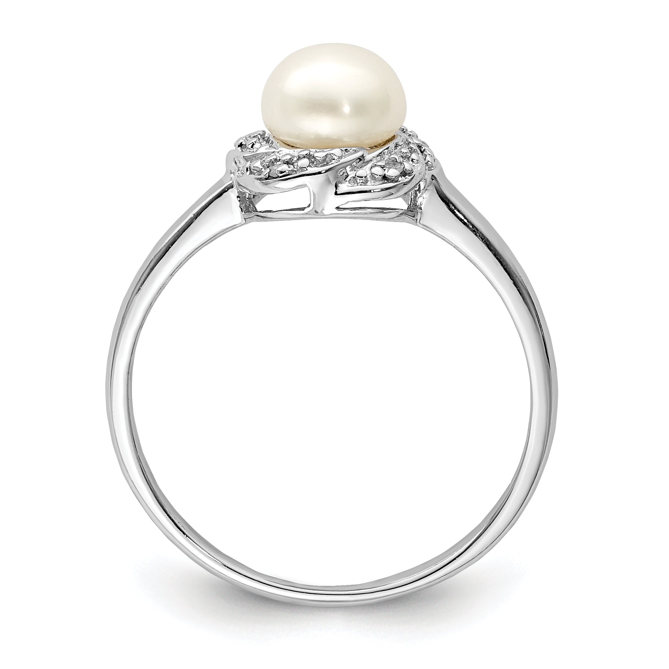 Sterling Silver Rhodium 6mm Fresh Water Cultured Button Pearl & Diamond Ring Secondary image