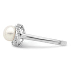Sterling Silver Rhodium 6mm Fresh Water Cultured Button Pearl & Diamond Ring
