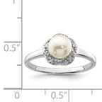 Sterling Silver Rhodium 6mm Fresh Water Cultured Button Pearl & Diamond Ring