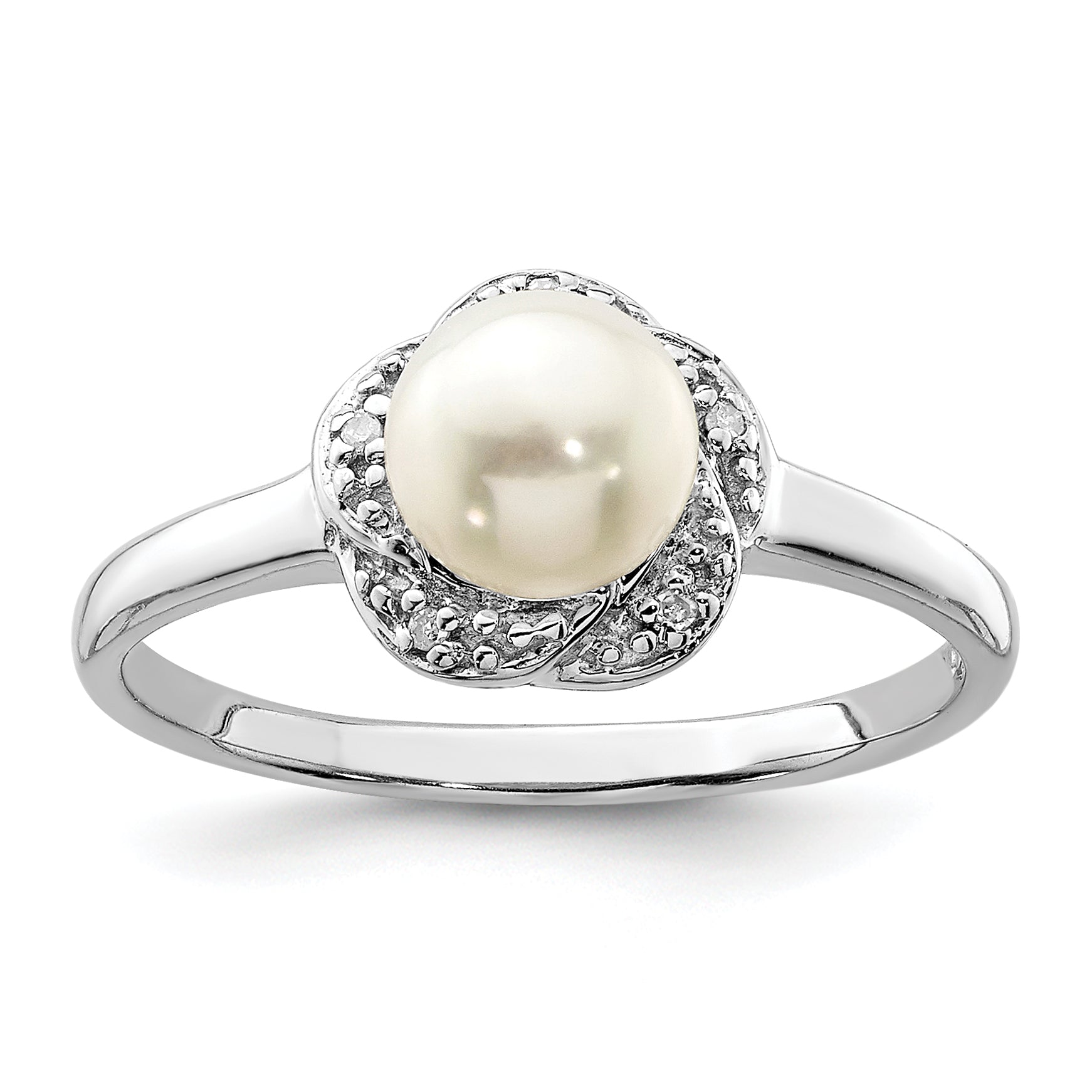 Sterling Silver Rhodium 6mm Fresh Water Cultured Button Pearl & Diamond Ring Main image