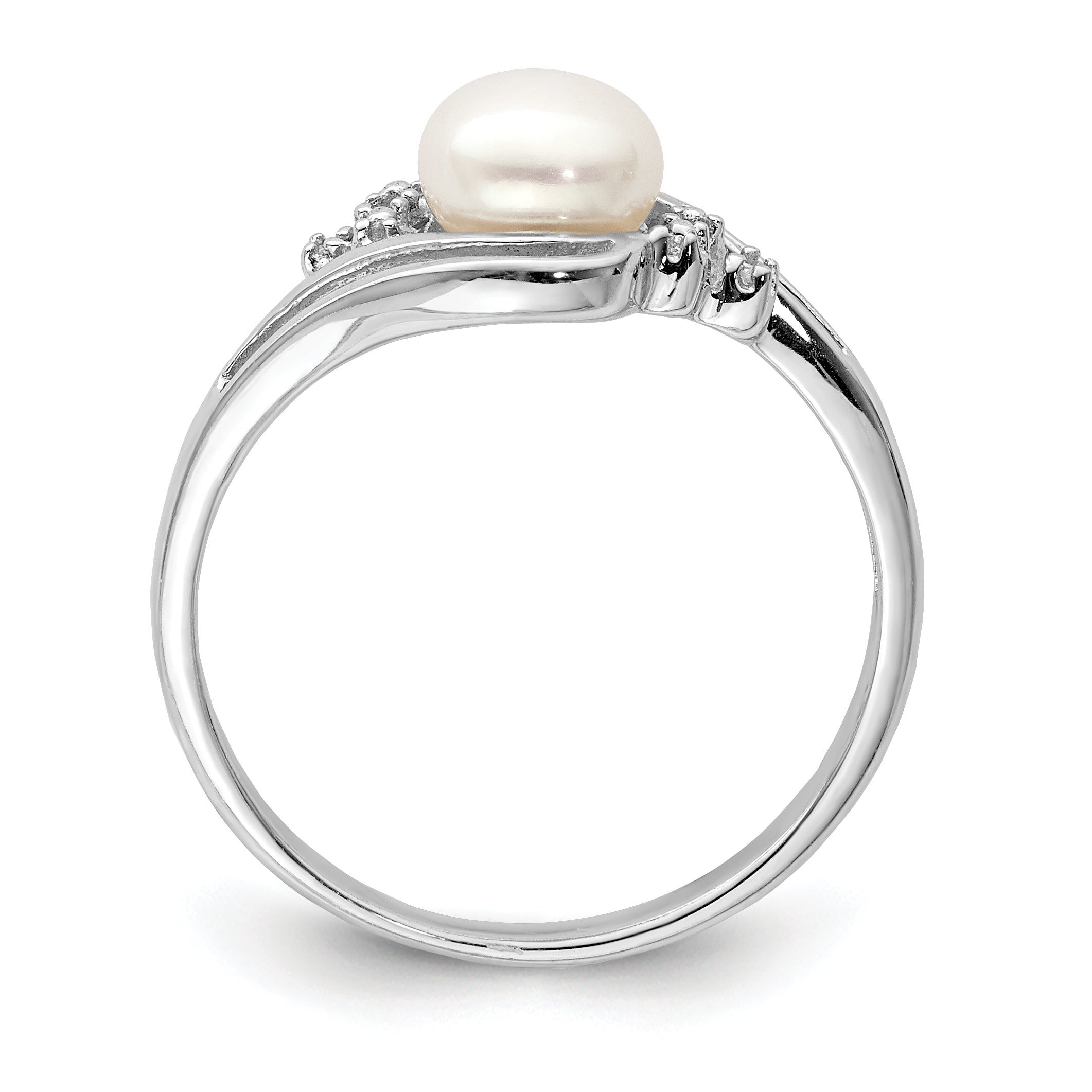 Sterling Silver Rhodium 6mm Fresh Water Cultured Button Pearl & Diamond Ring Secondary image