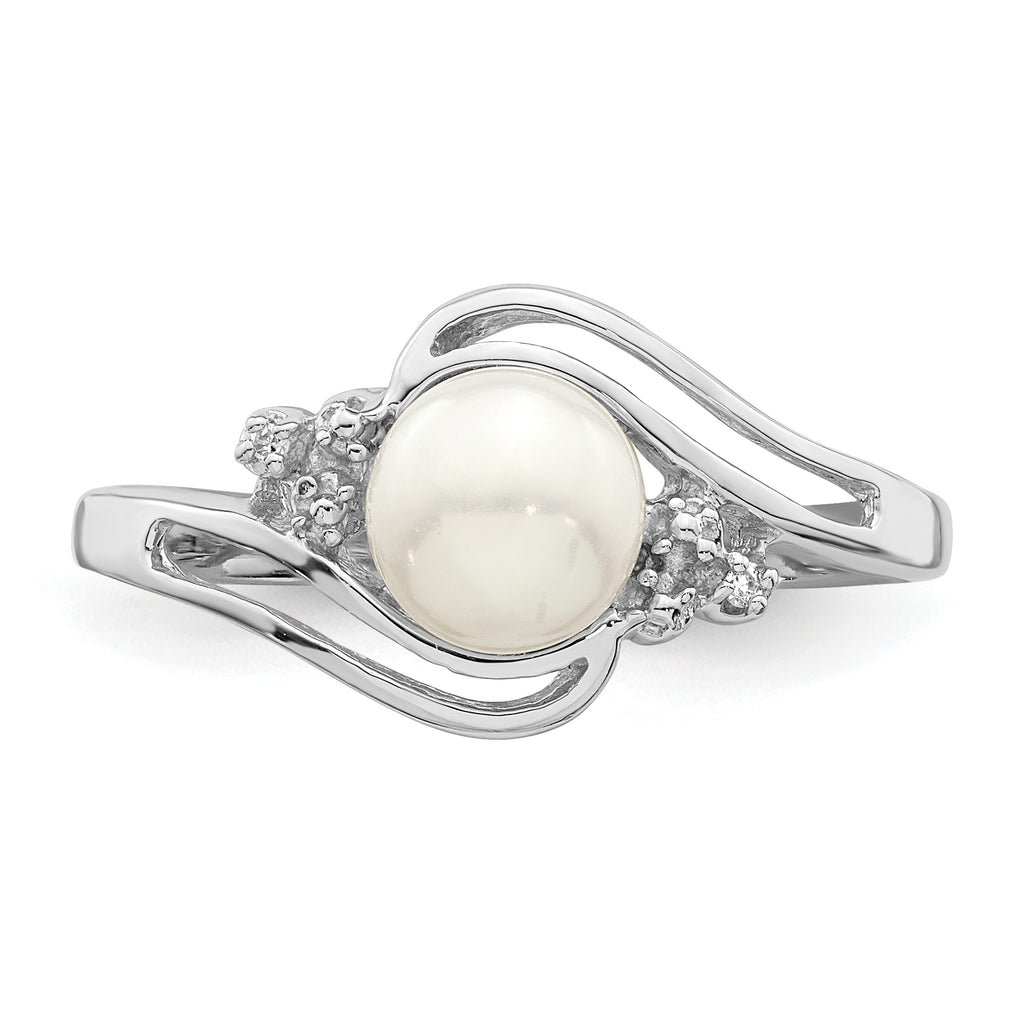 Sterling Silver Rhodium 6mm Fresh Water Cultured Button Pearl & Diamond Ring