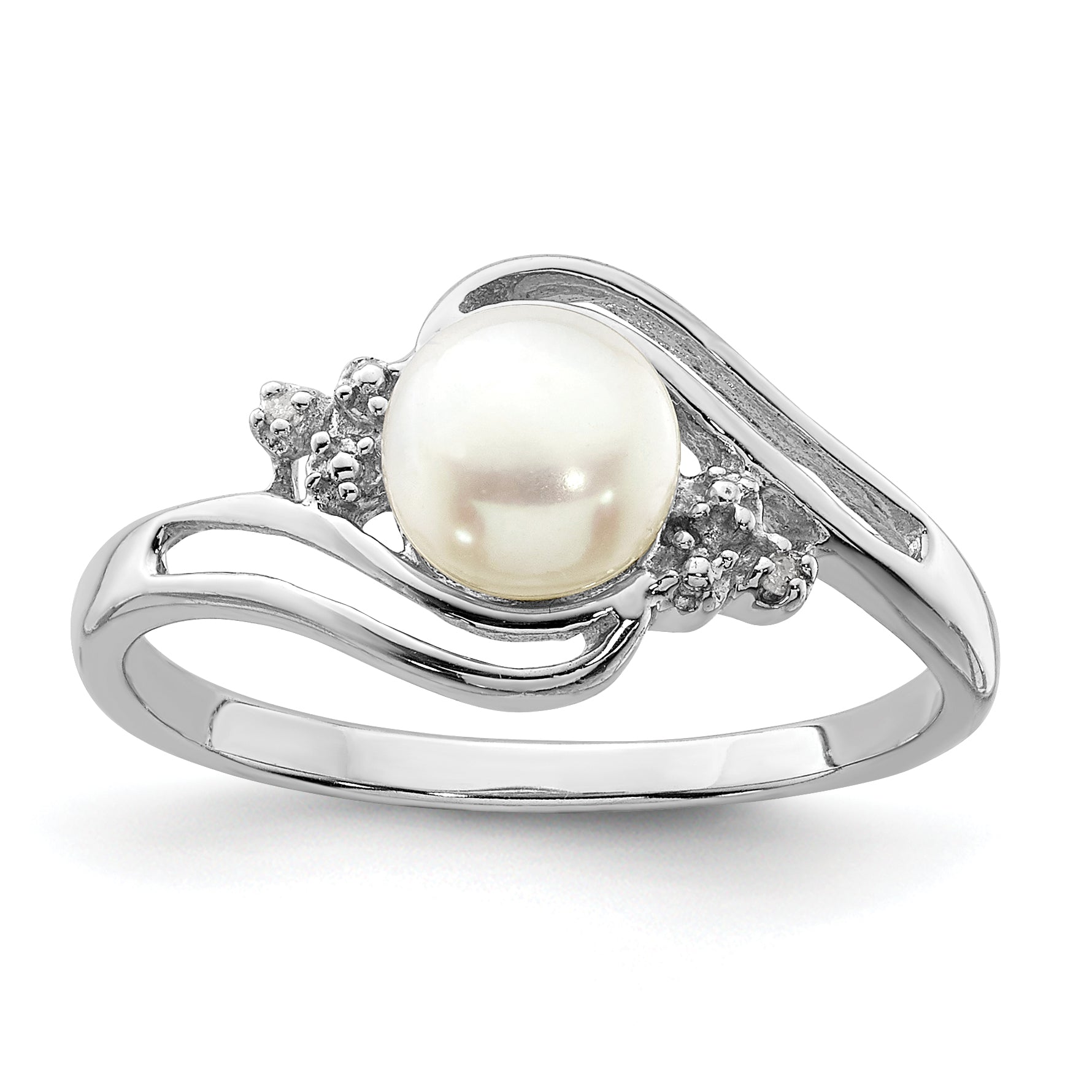Sterling Silver Rhodium 6mm Fresh Water Cultured Button Pearl & Diamond Ring Main image