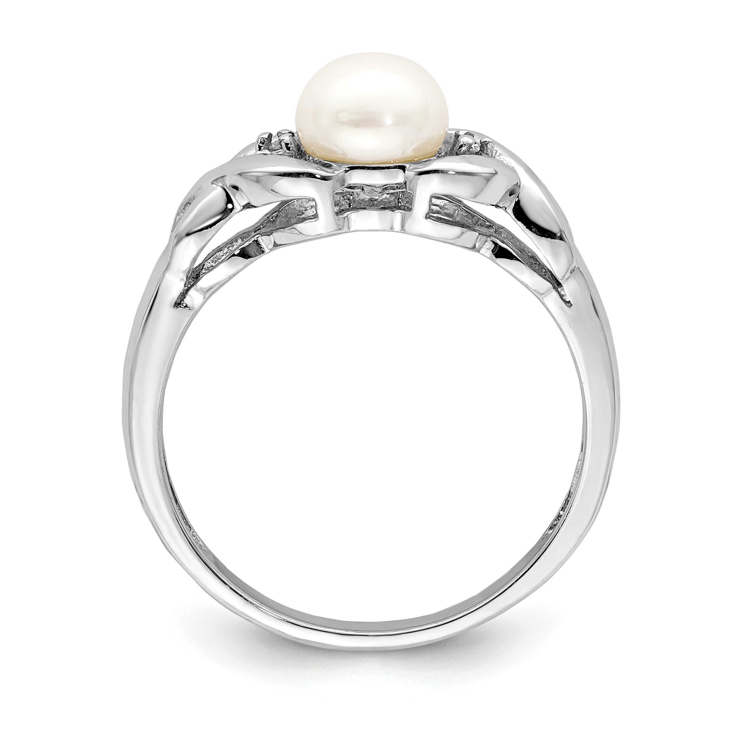 Sterling Silver Rhodium Fresh Water Cultured Button Pearl & Diamond Ring Secondary image