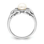 Sterling Silver Rhodium Fresh Water Cultured Button Pearl & Diamond Ring