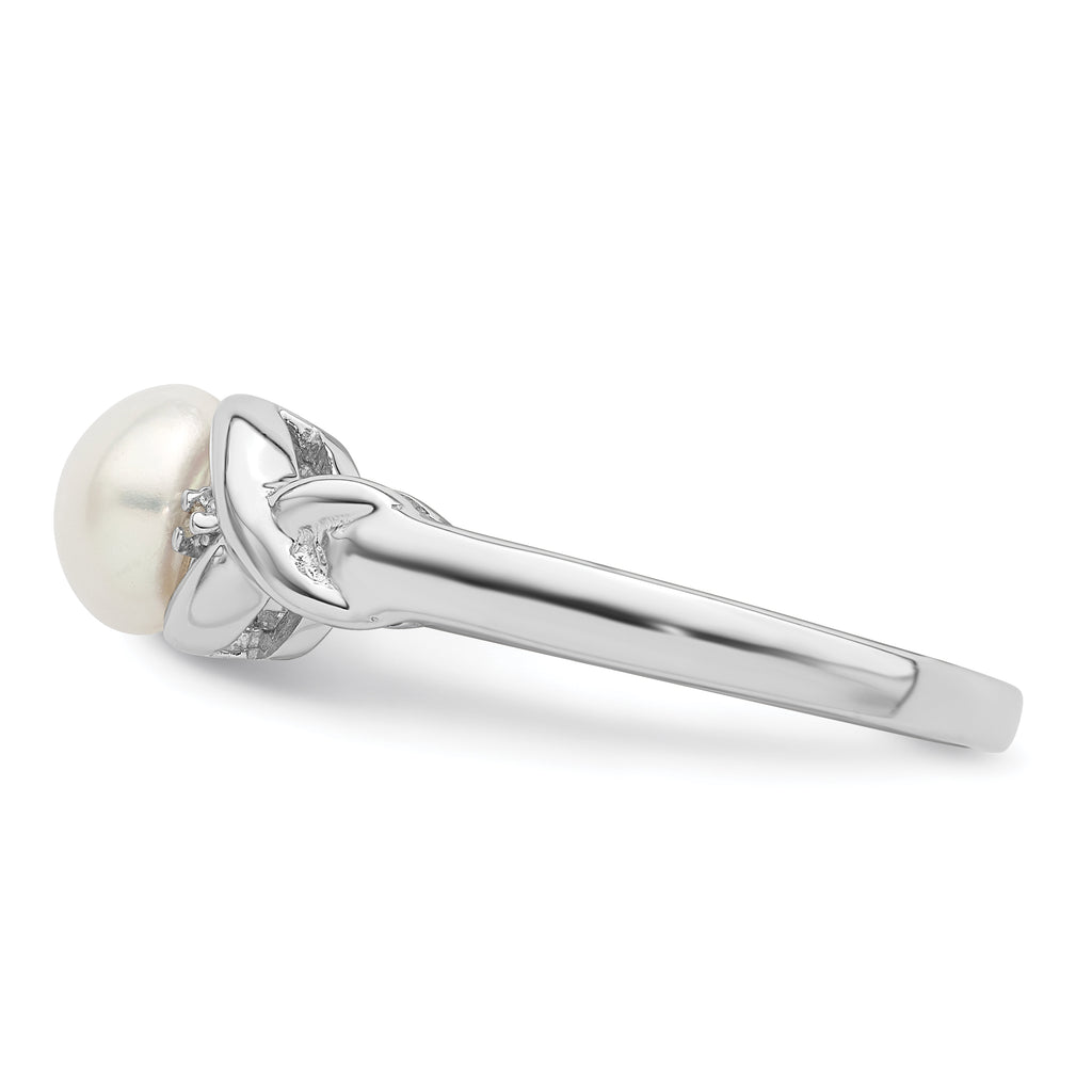 Sterling Silver Rhodium Fresh Water Cultured Button Pearl & Diamond Ring