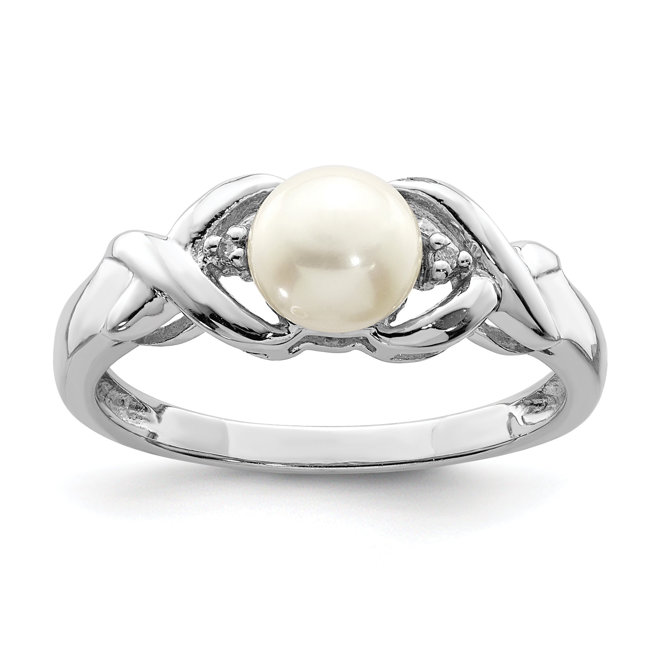 Sterling Silver Rhodium Fresh Water Cultured Button Pearl & Diamond Ring Main image