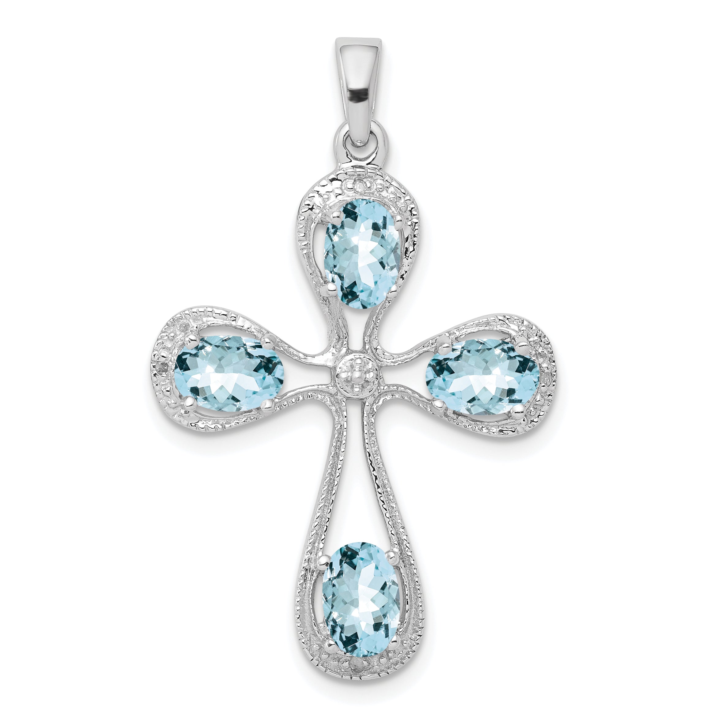 Sterling Silver Rhodium-plated Aquamarine & Diamond Cross Pendant Main image