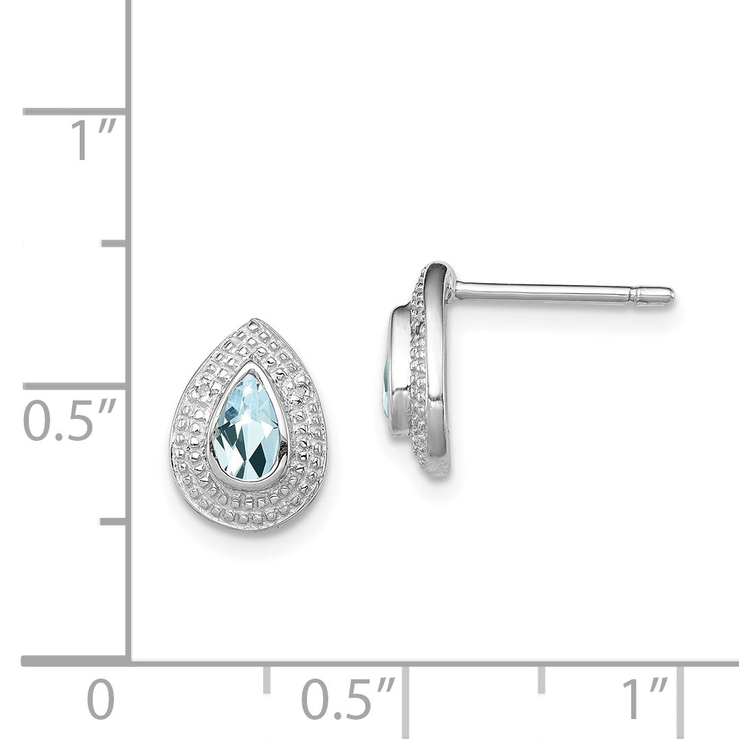 Sterling Silver 925 Aquamarine & Diamond Button Earrings Polished Bezel Set
