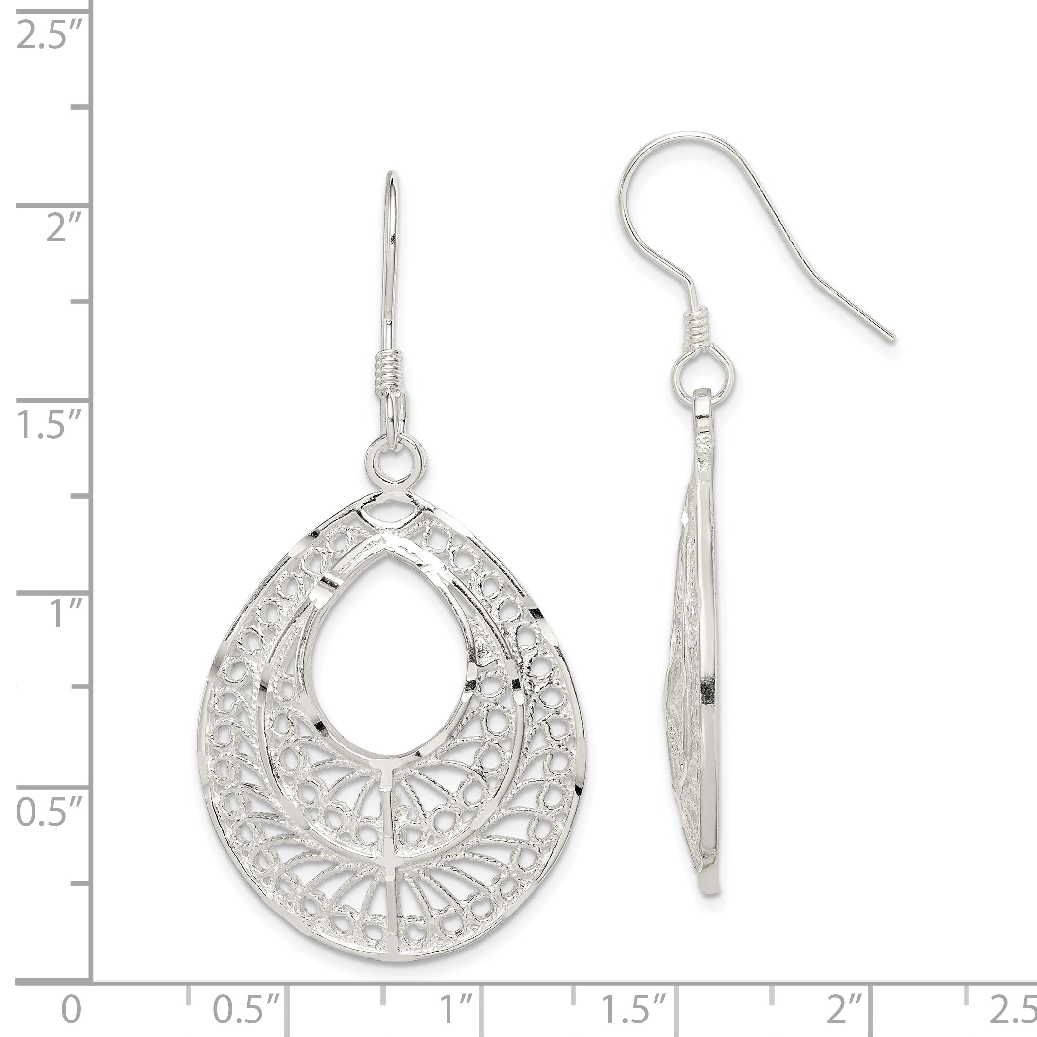 Sterling Silver Filigree Teardrop Dangle Earrings with Polished Diamond-Cut Finish