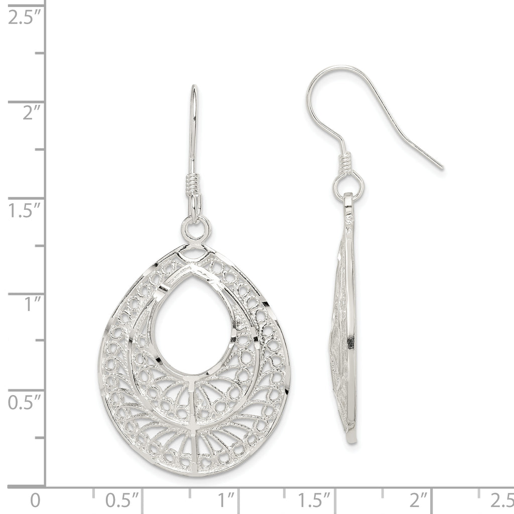 Sterling Silver Filigree Teardrop Dangle Earrings with Polished Diamond-Cut Finish