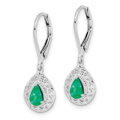 Sterling Silver Rhodium-Plated Emerald Teardrop Leverback Earrings  Elegant Birthstone Design