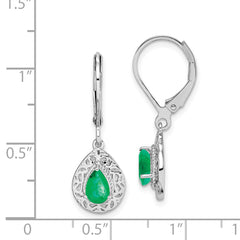 Sterling Silver Rhodium-Plated Emerald Teardrop Leverback Earrings  Elegant Birthstone Design