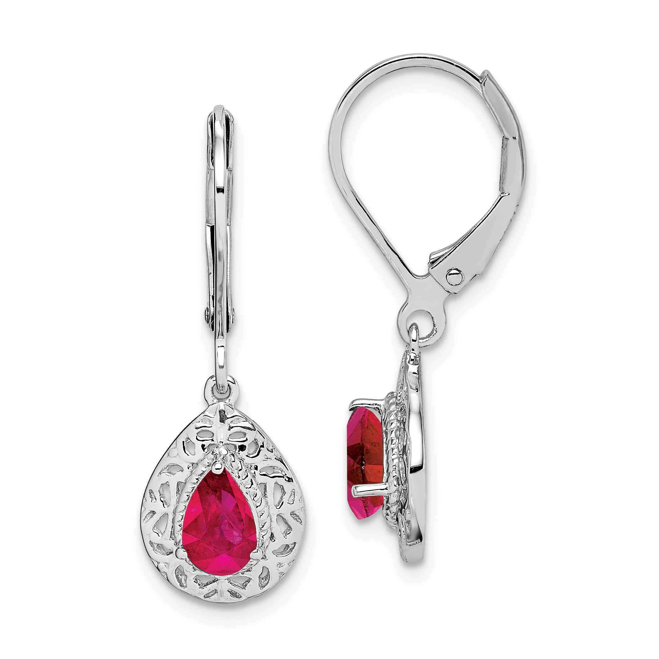 Sterling Silver Rhodium Ruby Teardrop Lever Back Earrings Main image