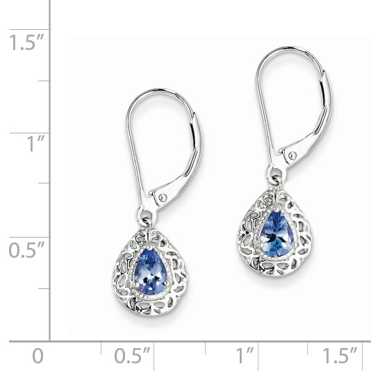 Sterling Silver 925 Rhodium-Plated Tanzanite Leverback Earrings Pear-Cut Dangle