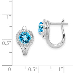 Sterling Silver 925 Blue & White Topaz Hoop Earrings  Polished, Rhodium-Plated Huggie Style