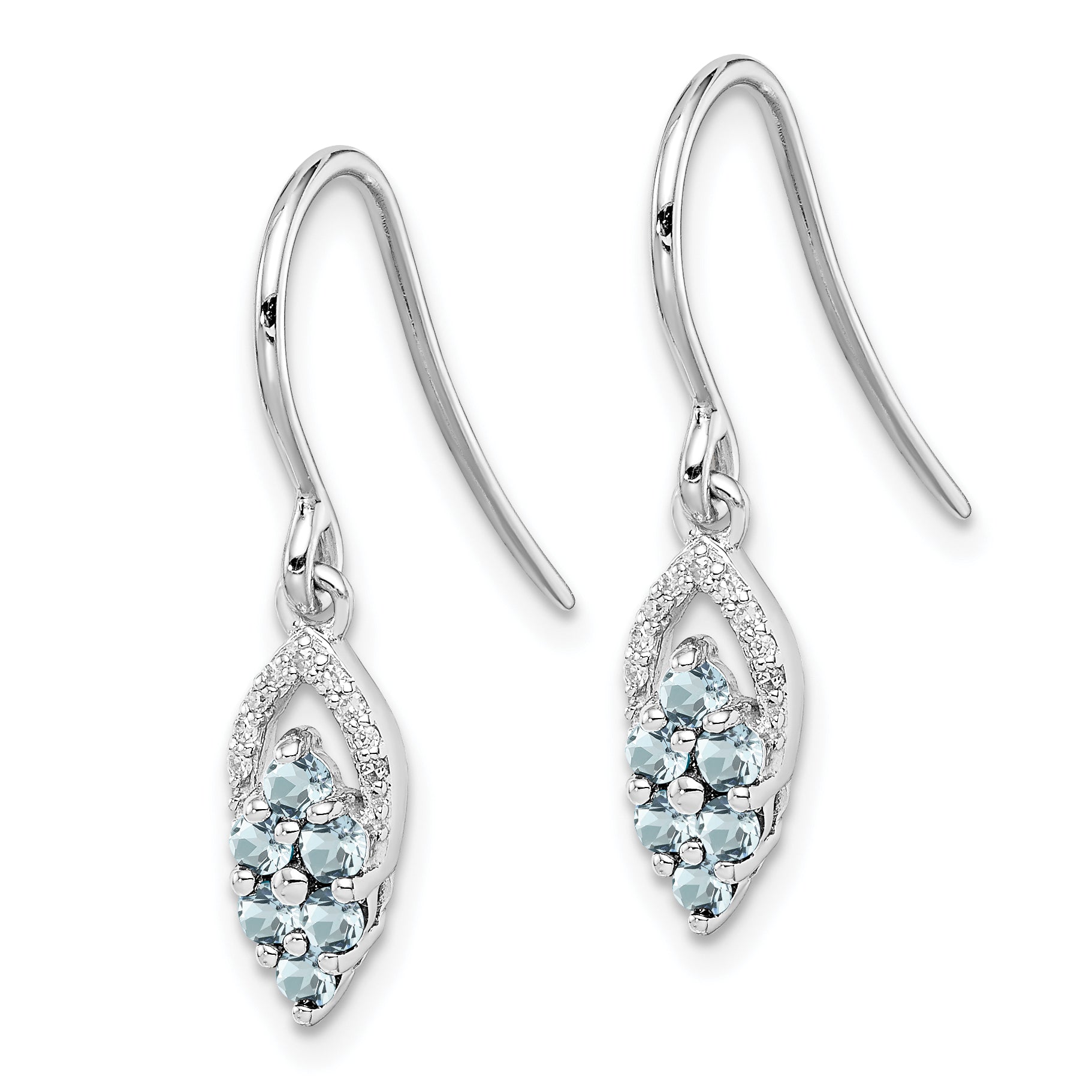 Sterling Silver 925 Aquamarine & Diamond Drop Earrings Polished Rhodium Finish