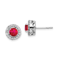 Sterling Silver Rhodium Diamond & Glass Filled Ruby Circle Post Earrings