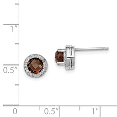 Sterling Silver 925 Smoky Quartz & Diamond Button Earrings with Rhodium Finish