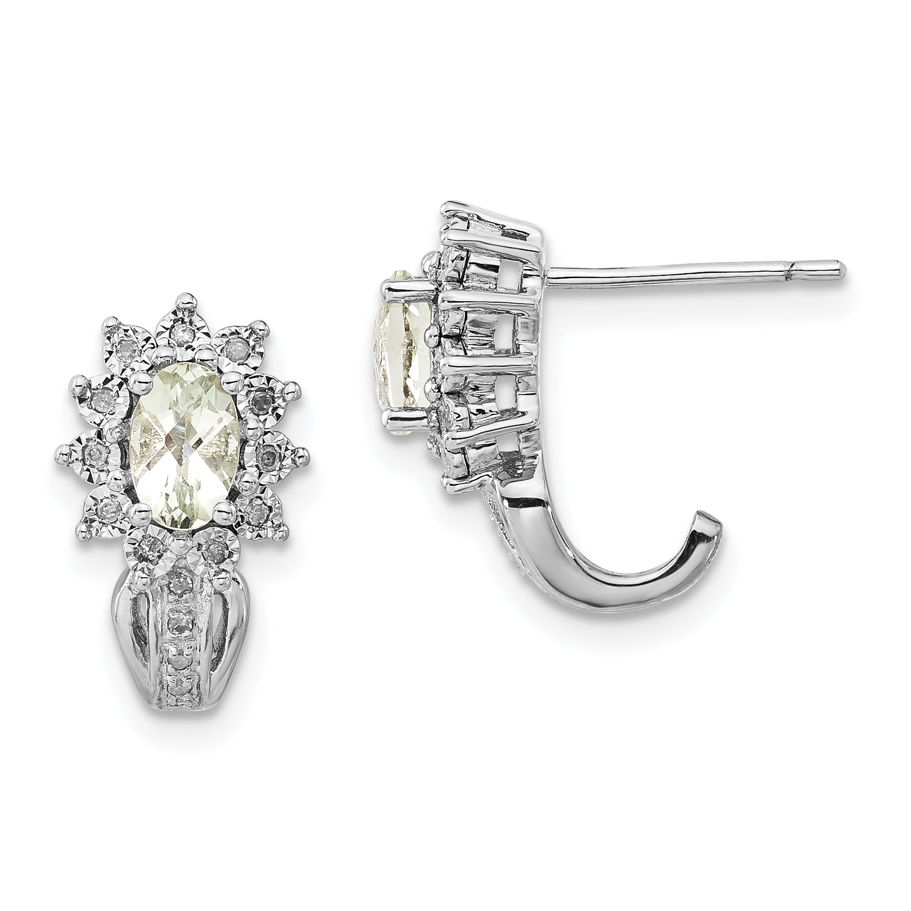Sterling Silver Diamond & Oval Green Quartz Earrings