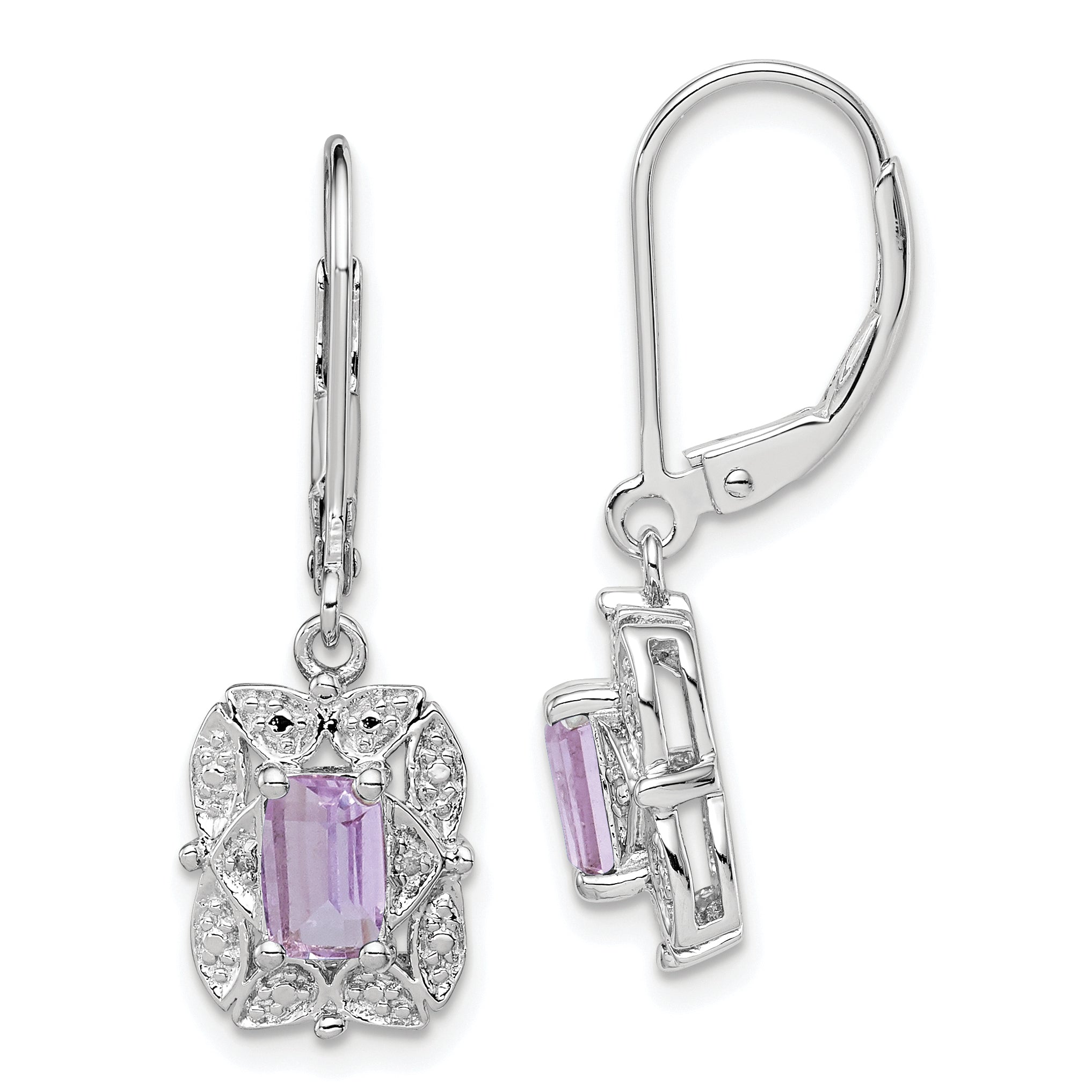 Sterling Silver Rhodium-plated Diamond and Pink Quartz Earrings