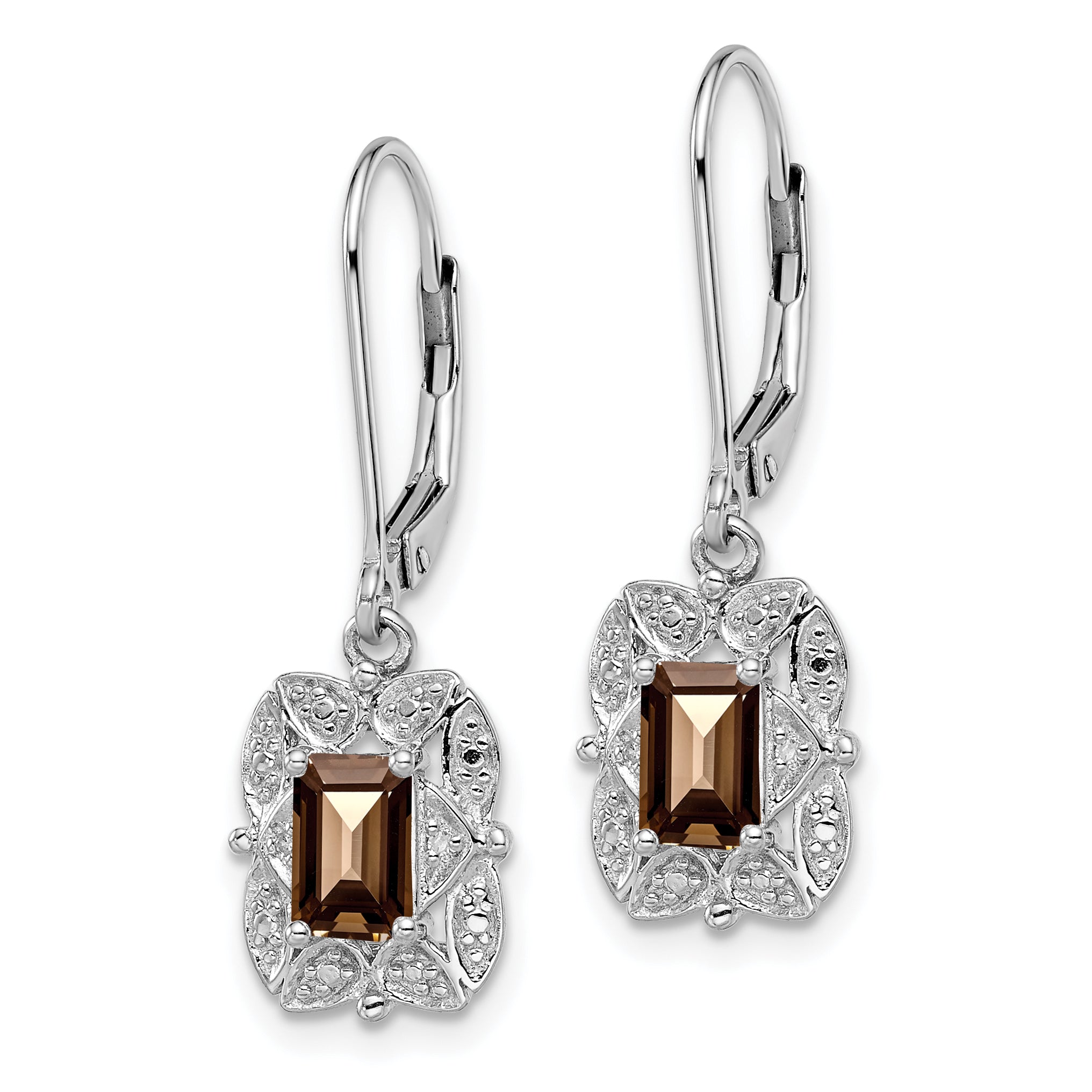 Sterling Silver Rhodium-Plated Smoky Quartz and Diamond Drop Earrings  Elegant Leverback Design