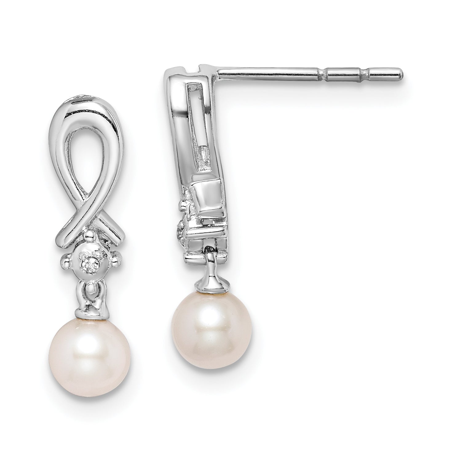 Sterling Silver Rhodium-plated FW Cultured Pearl Diamond Earrings Main image