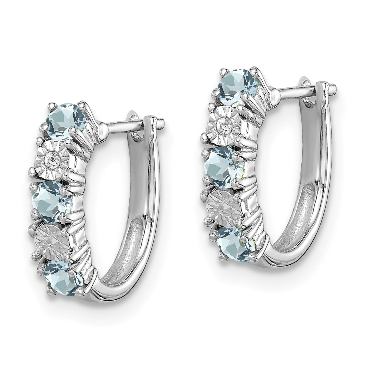 Sterling Silver 925 Aquamarine & Diamond Rhodium-Plated Hoop Earrings Polished Finish