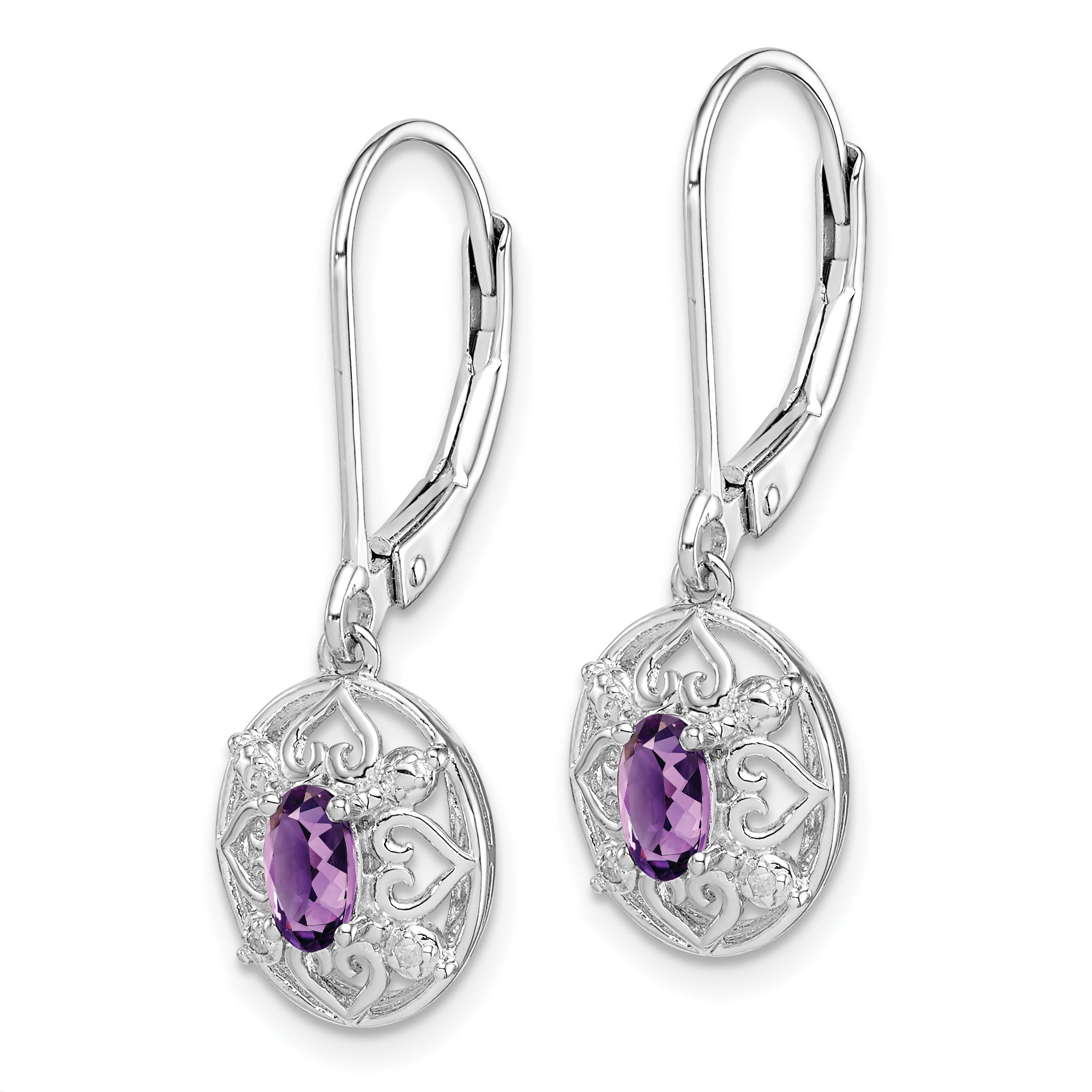 Sterling Silver Rhodium-Plated Amethyst and Diamond Drop Earrings Secondary image