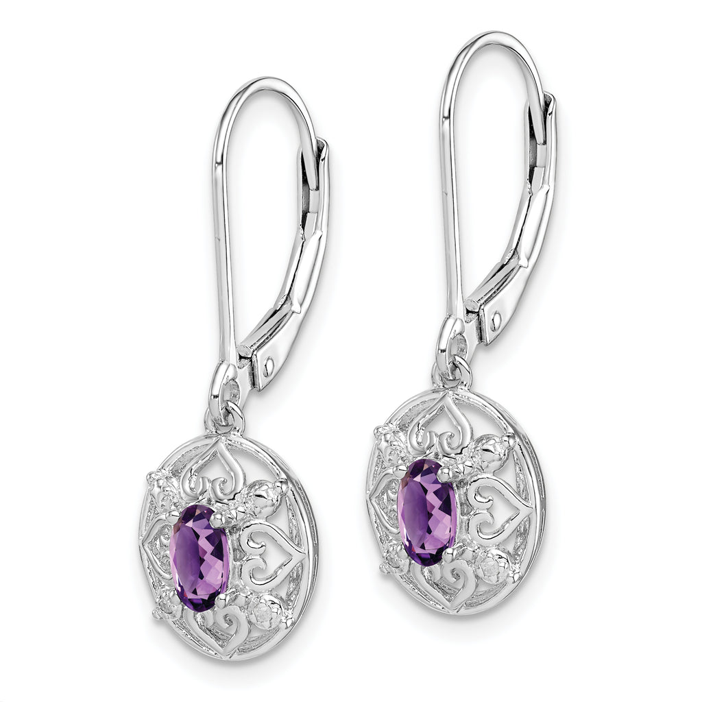 Sterling Silver Rhodium-Plated Amethyst and Diamond Drop Earrings