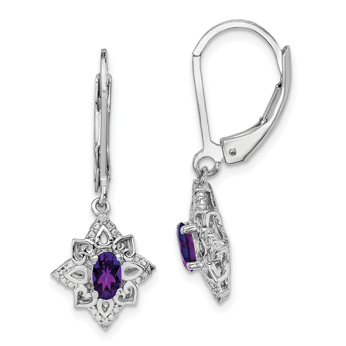 Amethyst & Diamond Dangle Earrings in Sterling Silver, 5x3mm (0.01 ct. tw.) - Sophia Jewelers Main image