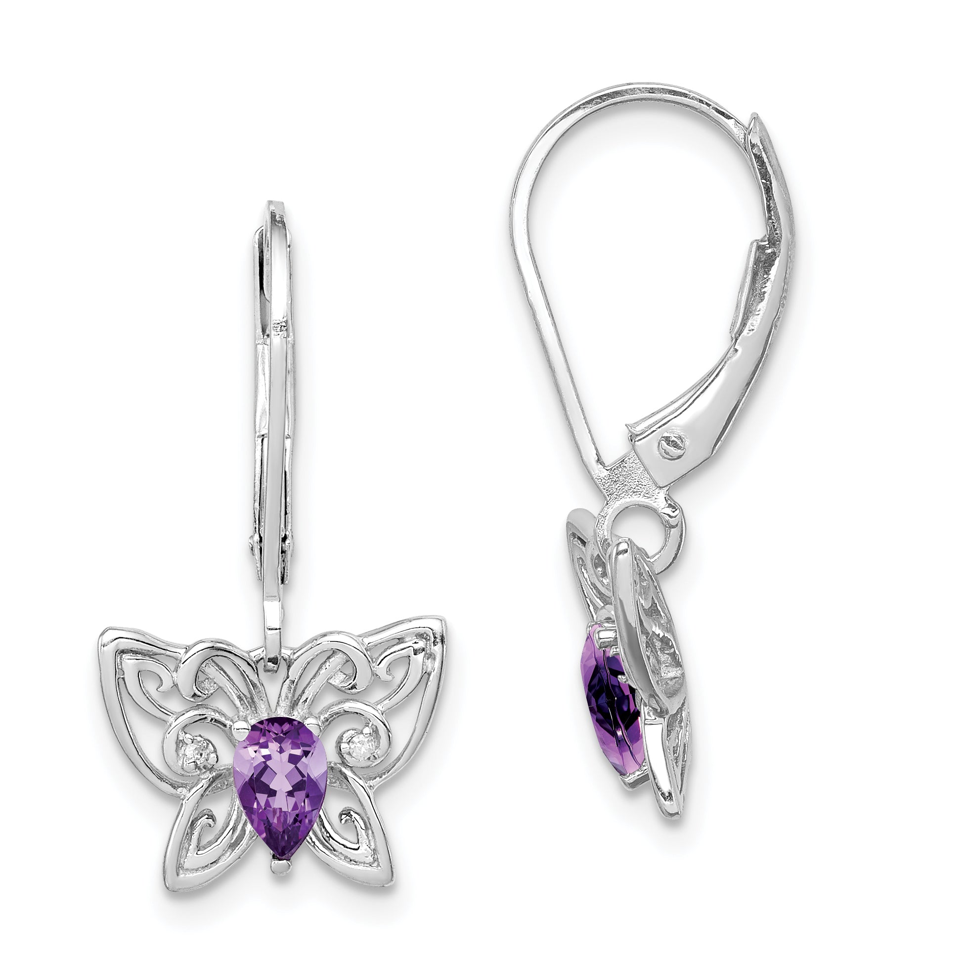 Sterling Silver Rhodium-plated Amethyst and Diamond Butterfly Earrings Main image