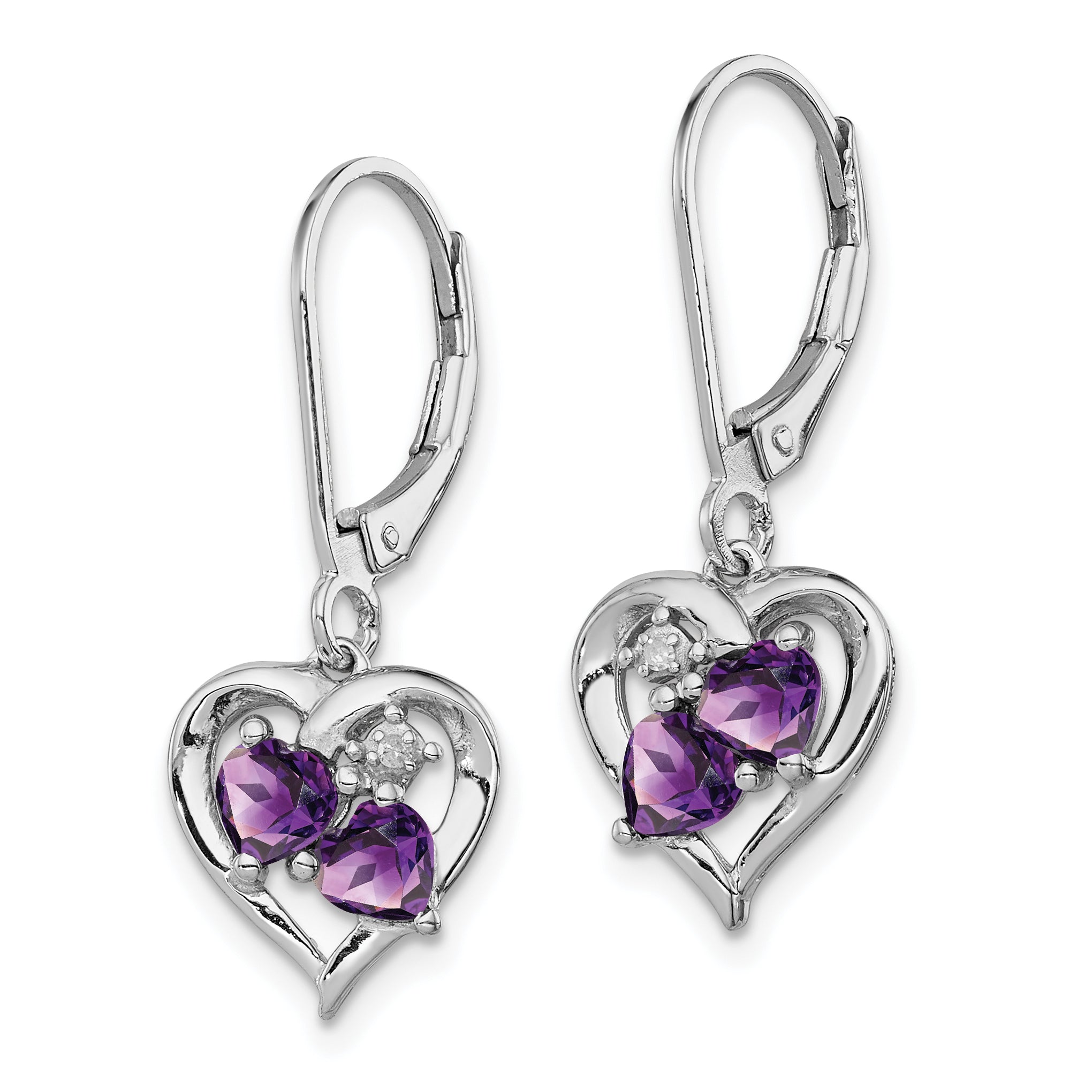 Sophia Jewelers Sterling Silver Amethyst & Diamond Drop Earrings Rhodium-Plated, Heart-Shaped Gemstones
