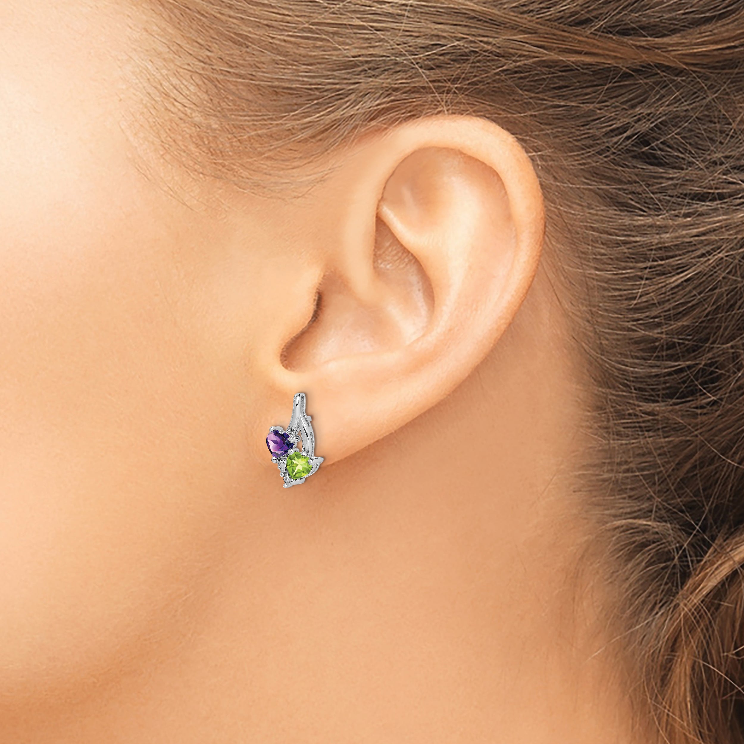 925 Sterling Silver Amethyst Peridot Diamond Drop Earrings, Polished & Rhodium-Plated