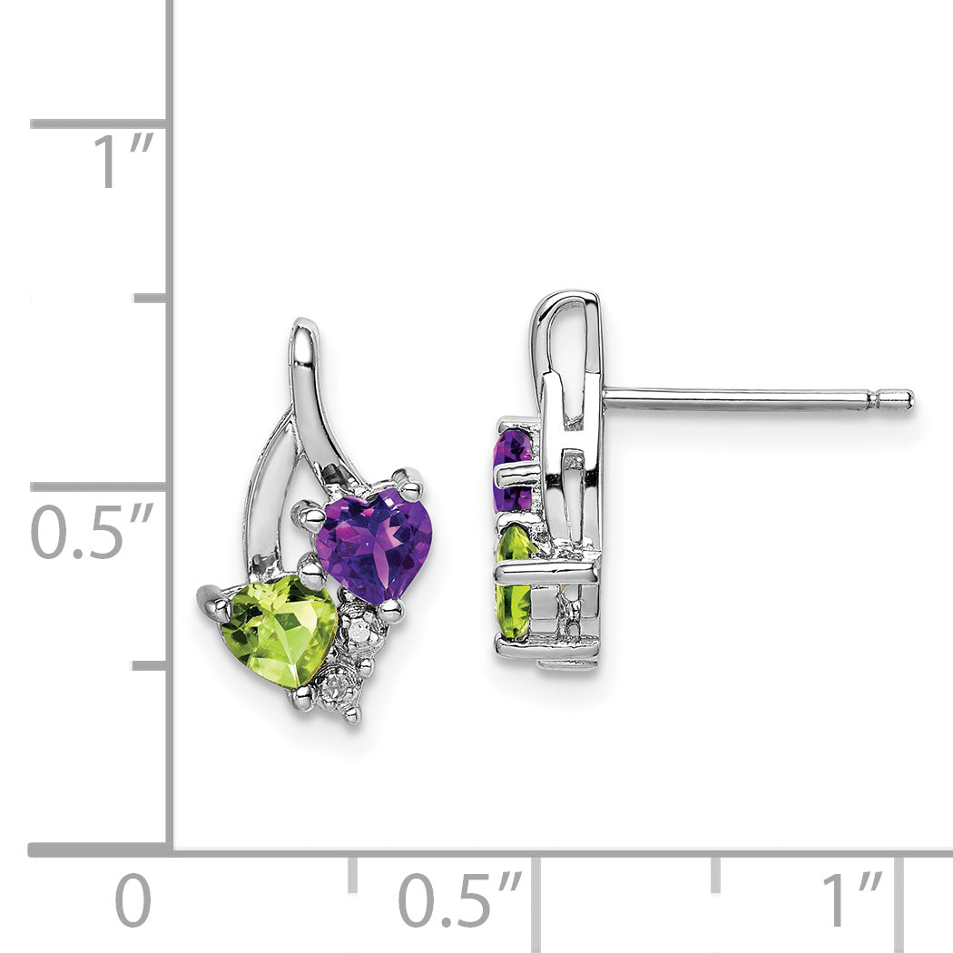 925 Sterling Silver Amethyst Peridot Diamond Drop Earrings, Polished & Rhodium-Plated