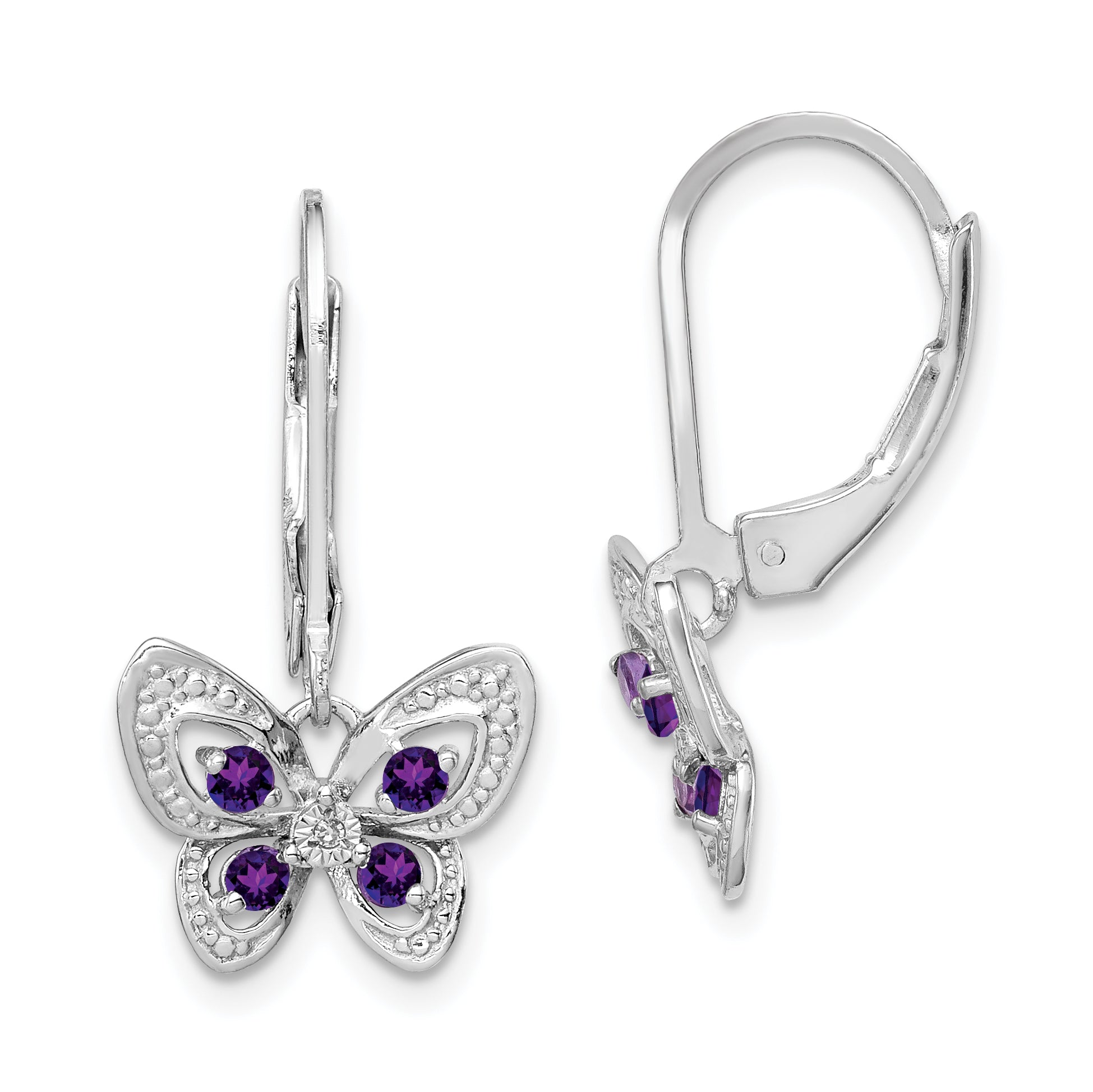 Sterling Silver Rhodium-plated Amethyst and Diamond Butterfly Earrings Main image