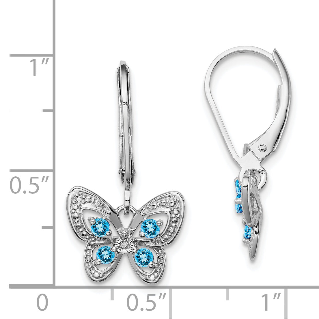 Sterling Silver Rhodium-Plated Blue Topaz and Diamond Drop Earrings for Women
