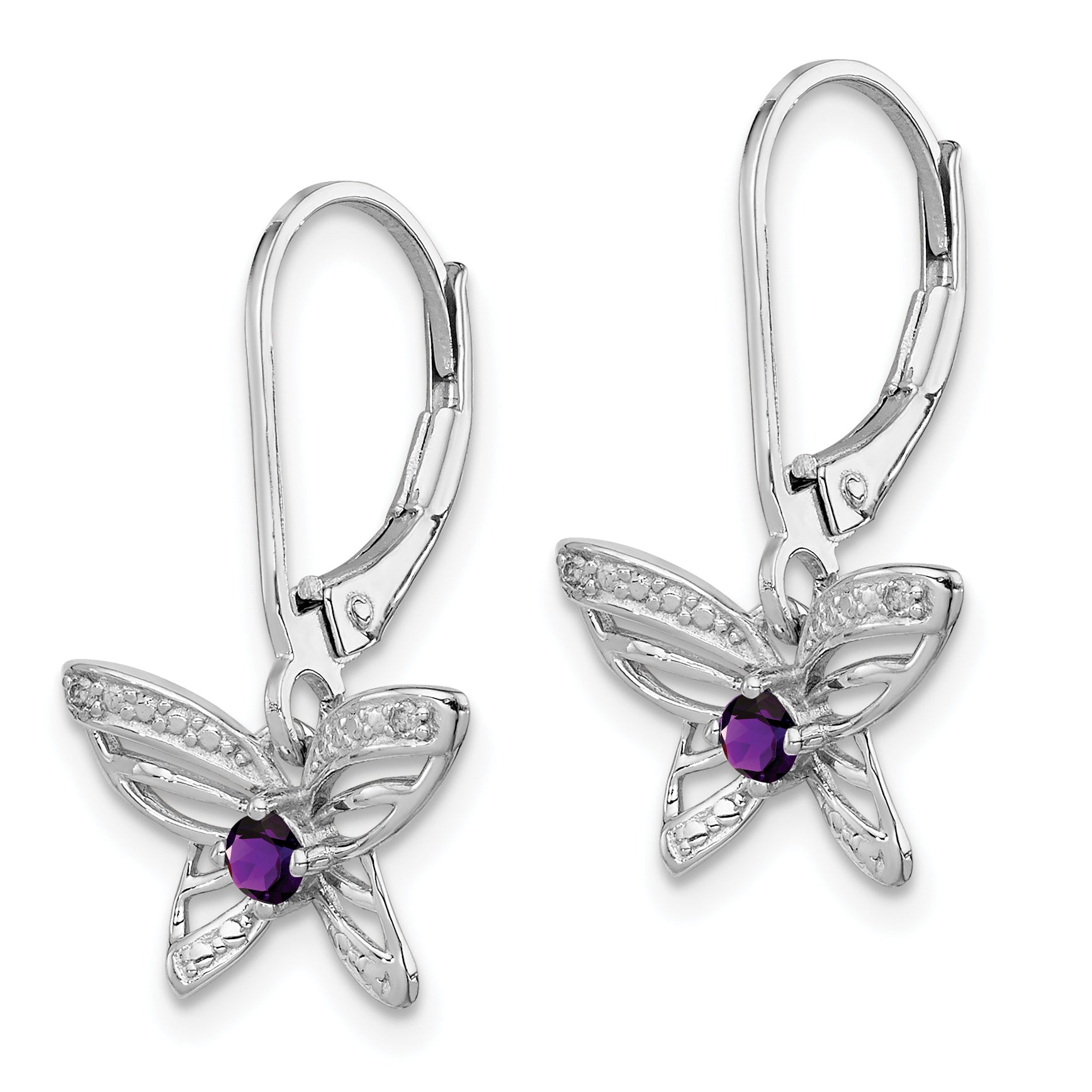 Sterling Silver Rhodium-Plated Amethyst & Diamond Butterfly Earrings  Elegant Women's Birthstone Design Secondary image