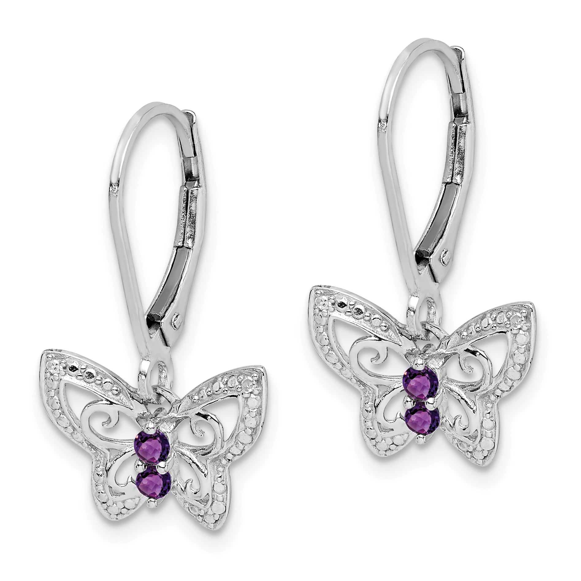 Sterling Silver Rhodium-plated Amethyst and Diamond Butterfly Earrings