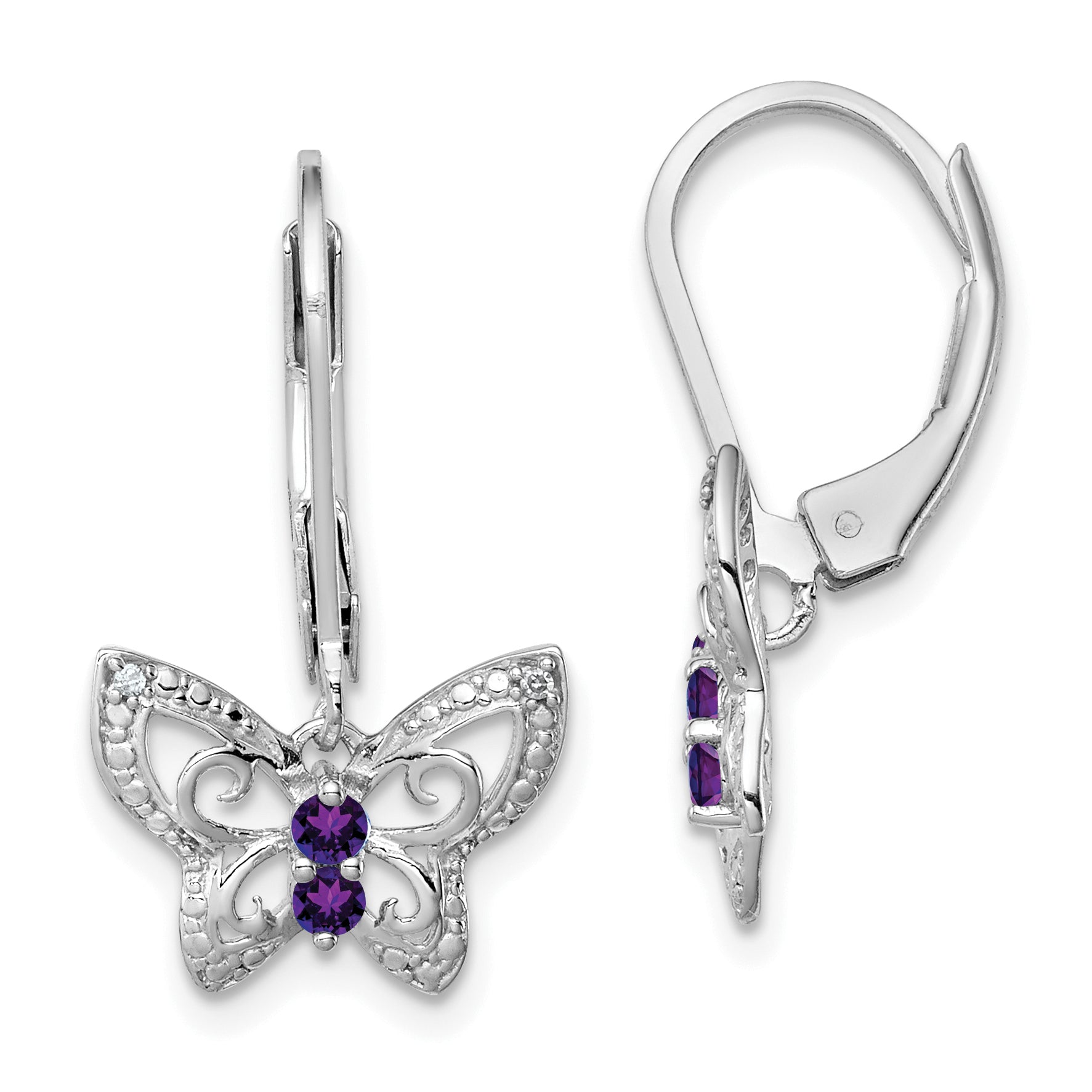Sterling Silver Rhodium-plated Amethyst and Diamond Butterfly Earrings Main image
