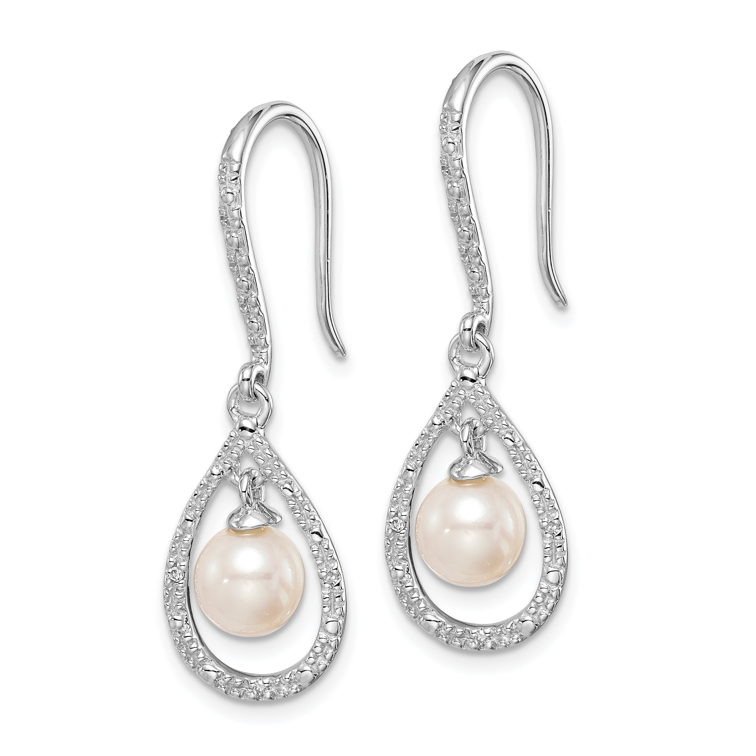 Sterling Silver Rhodium-Plated Diamond Pearl Dangle Earrings  Elegant Birthstone Design Secondary image
