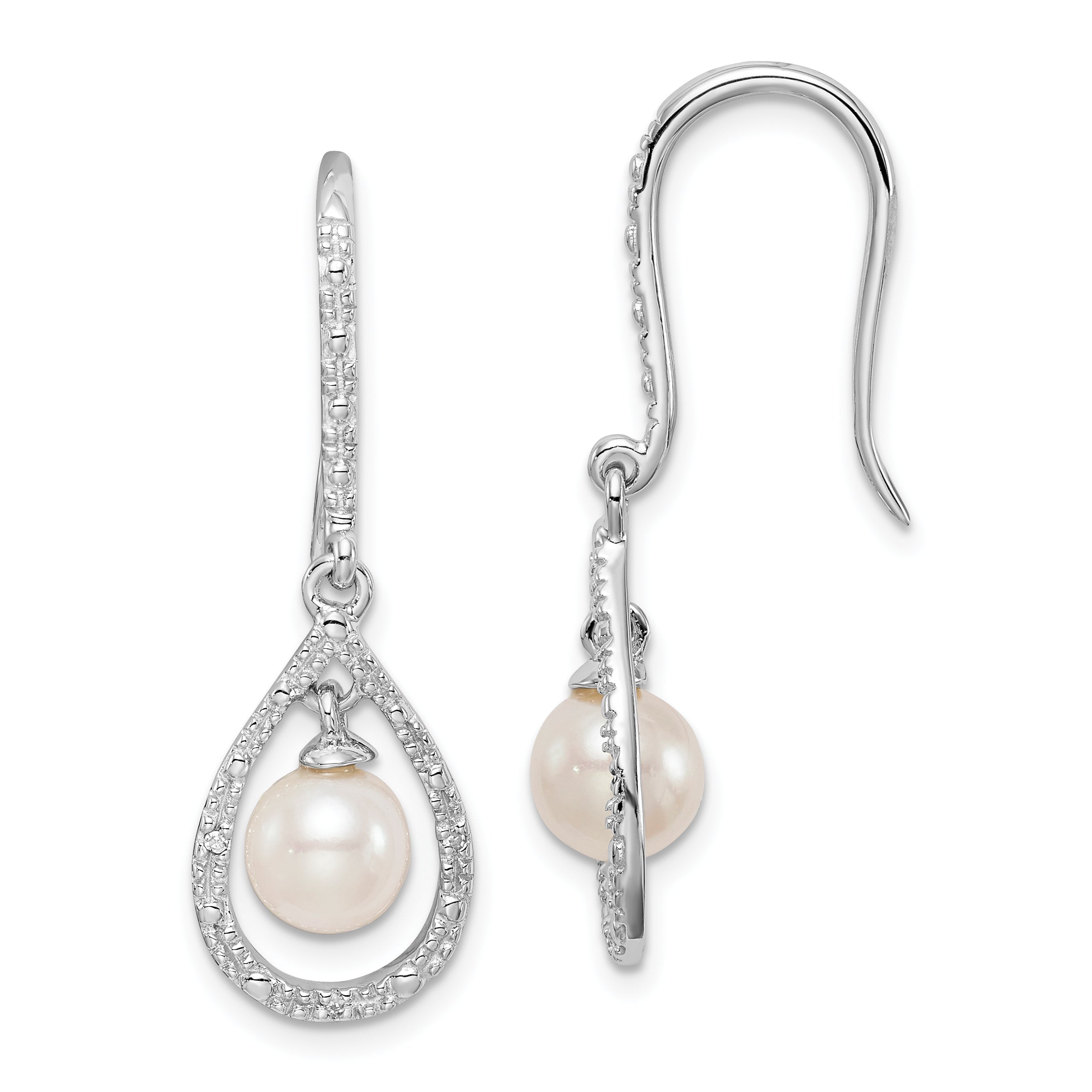 Sterling Silver Rhod Plated Dia. and FW Cultured Pearl Dangle Ear Main image